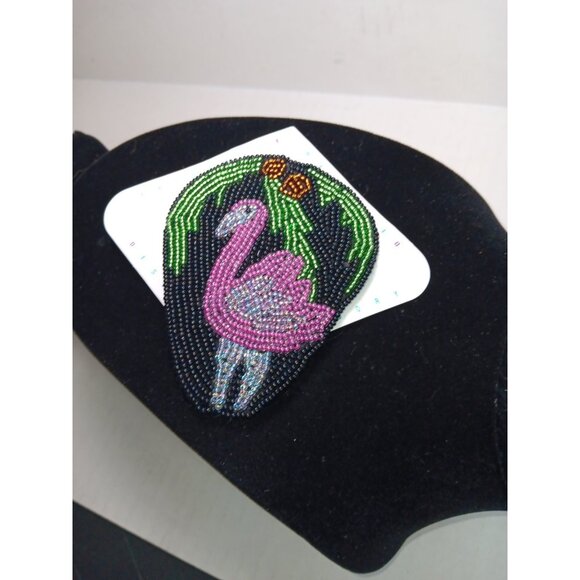 Vintage 80s Beaded Hair Large Barrette Flamingo Palm Tree - Picture 2 of 5